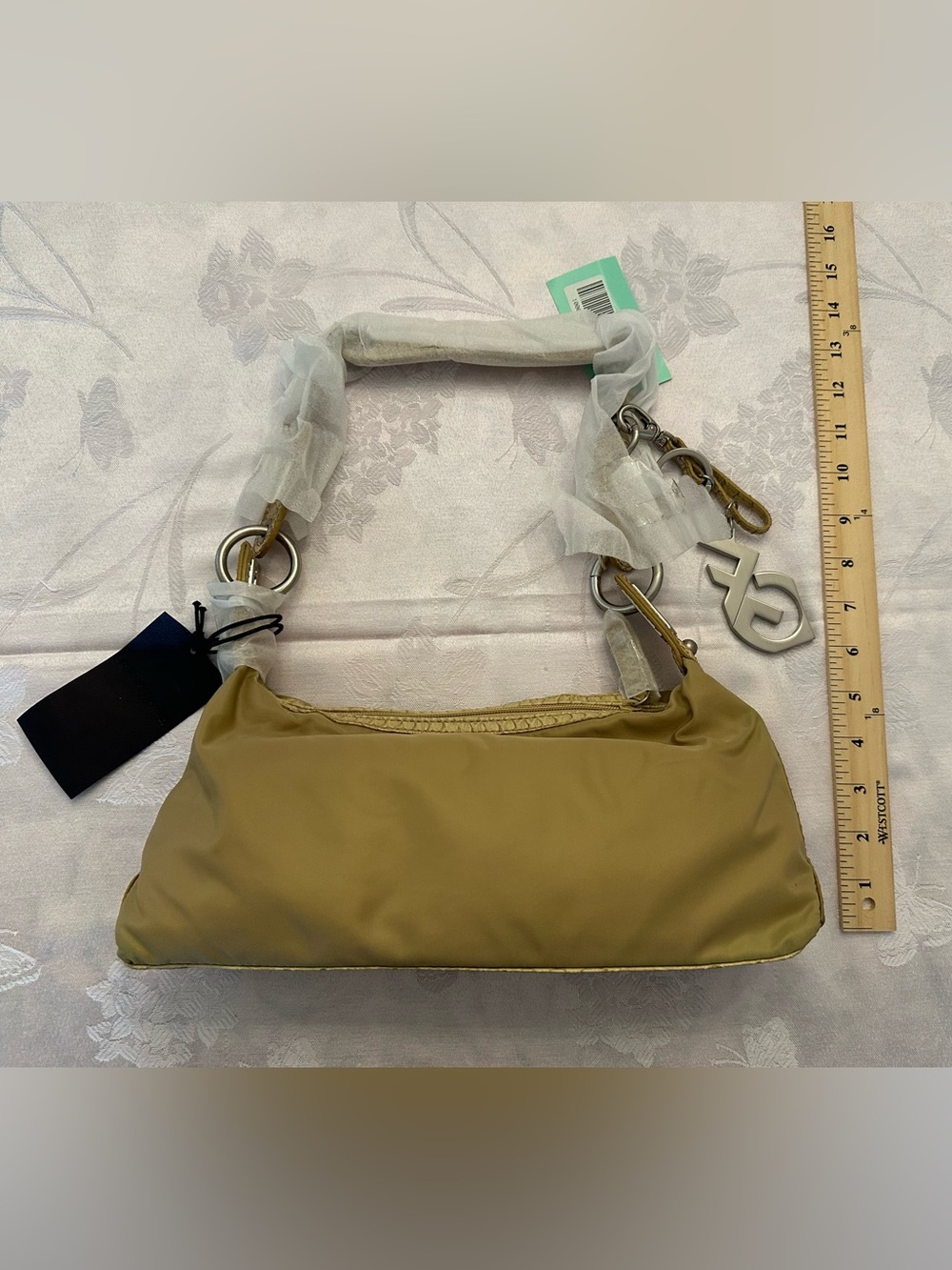 NWT Ferre Y2K Tan Nylon Shoulder Bag Snake Embossed Logo Charm